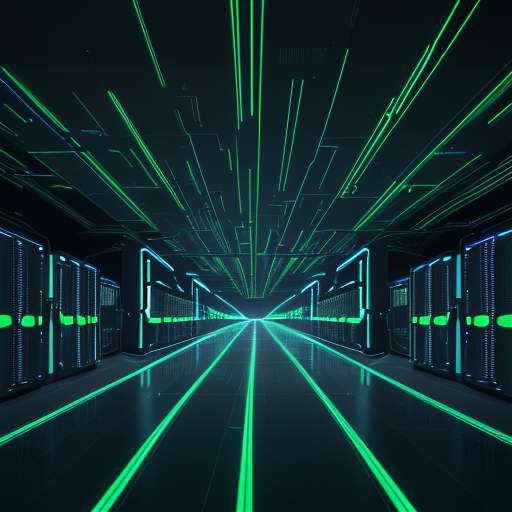 A cinematic, wide-angle shot of a futuristic data center with sleek server racks and a glowing holographic neural network, symbolizing high-performance computing infrastructure.