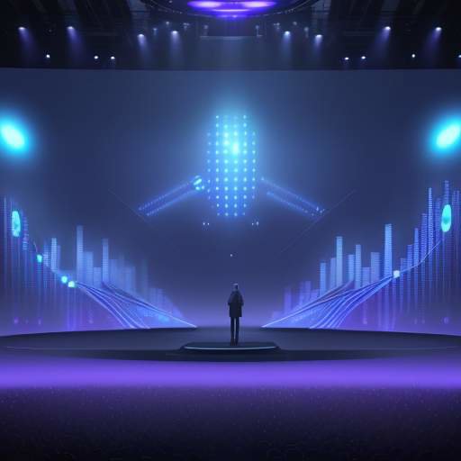 A silhouette of a presenter on a futuristic stage in front of a large LED screen displaying the Windows logo and a growth graph amidst blue and purple lighting.