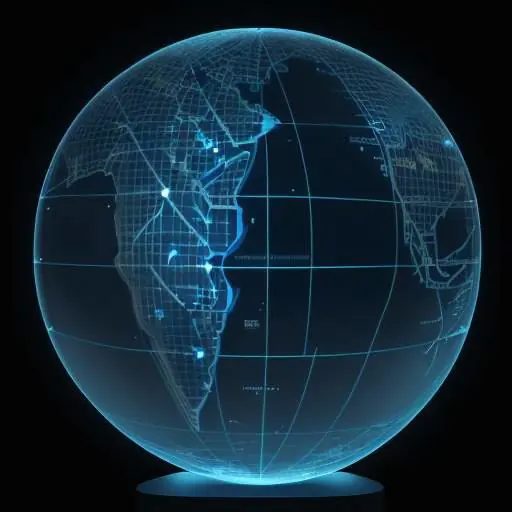 A glowing blue shield icon positioned over a stylized globe against a dark, high-tech network grid, symbolizing global connectivity and cybersecurity.
