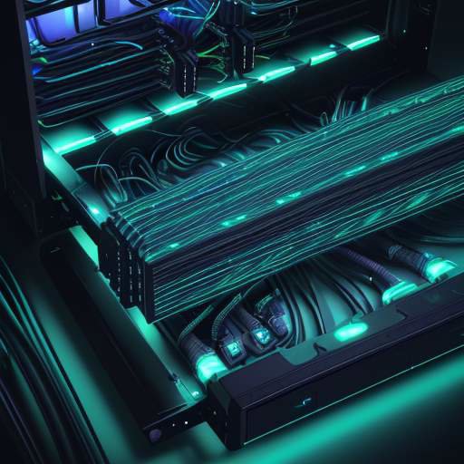 A close-up of a glowing server blade in a high-tech rack with cyan fiber optic cables, symbolizing secure data infrastructure and advanced hardware security.