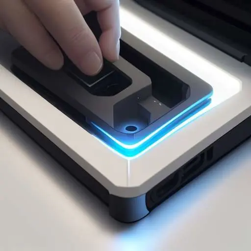 A close-up of a hand pressing the power button on a modern PC case with a glowing interior and tempered glass side panel.