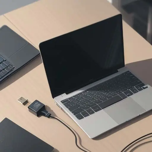 A metallic security key plugged into a laptop's USB port in a minimalist workspace, illustrating a physical hardware authentication method.