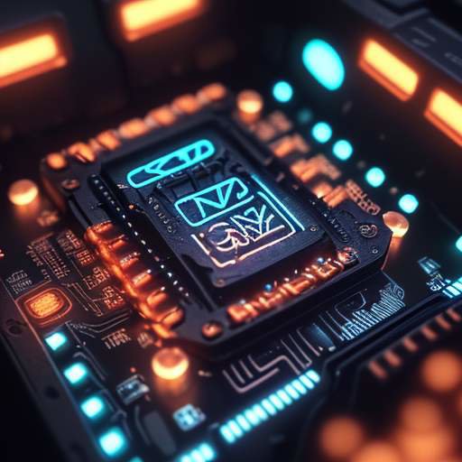 Macro shot of a high-end motherboard with glowing RGB lights and intricate copper traces, focusing on a processor in the CPU socket with streaks of digital energy.