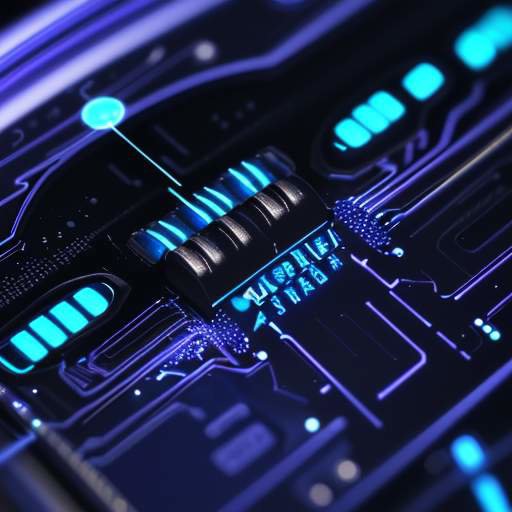 A macro close-up of a high-end circuit board inside a router with glowing blue and purple traces and metallic antennas.