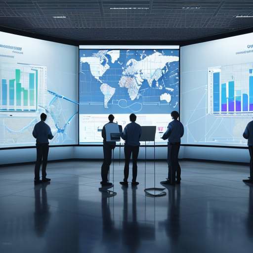 Technicians in a high-tech command center discussing complex data visualizations and global network maps on large screens.