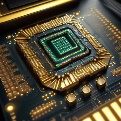 A detailed 3D render of a high-tech computer chip with glowing gold circuitry and cooling fins, mounted on a circuit board inside a metallic housing.