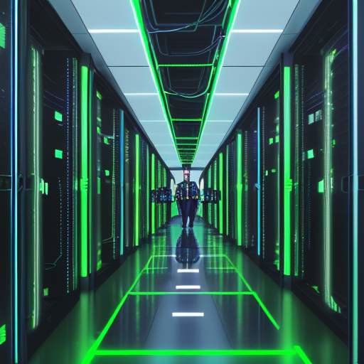 A low-angle, cinematic shot of a high-tech data center corridor with rows of server racks glowing with green and blue lights, while technicians in high-visibility vests inspect fiber optic cables.