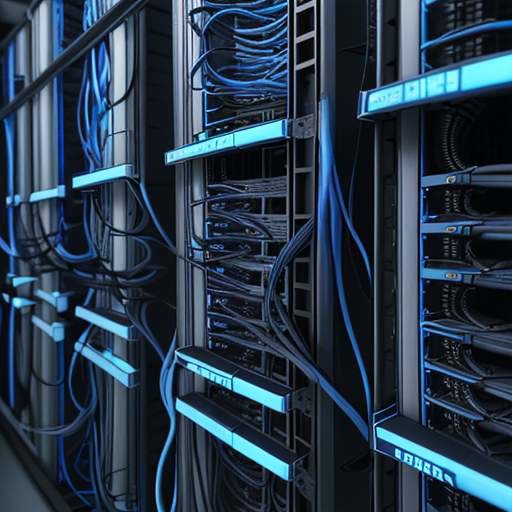 Close-up of organized fiber optic cables glowing with blue light in a high-tech server room, highlighting secure data infrastructure.