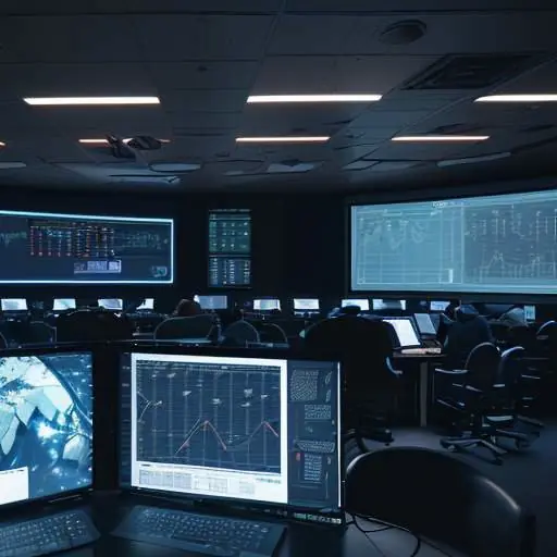 A high-tech mission control room with glowing screens displaying satellite telemetry, data visualizations, and scrolling code in a dimly lit, futuristic environment.