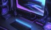 A close-up, high-tech shot of a sleek NVMe M.2 SSD with a metallic heat sink installed on a modern motherboard, illuminated by blue and purple neon lights.