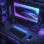 A close-up, high-tech shot of a sleek NVMe M.2 SSD with a metallic heat sink installed on a modern motherboard, illuminated by blue and purple neon lights.