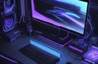 A close-up, high-tech shot of a sleek NVMe M.2 SSD with a metallic heat sink installed on a modern motherboard, illuminated by blue and purple neon lights.