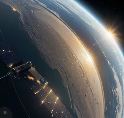 A cinematic, photorealistic wide shot of a high-tech "Suncatcher" satellite with solar panels orbiting Earth at night, showcasing glowing city lights against the planet's curvature.