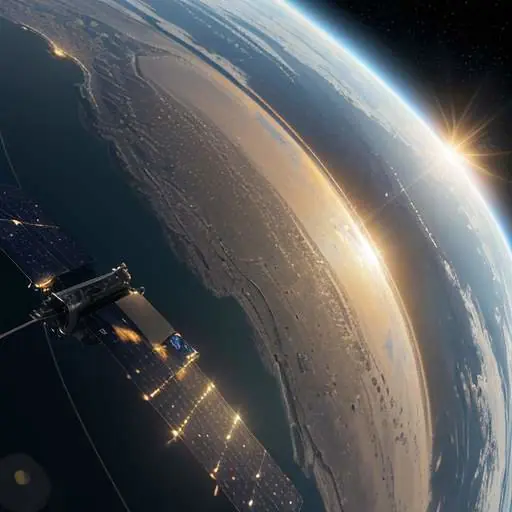 A cinematic, photorealistic wide shot of a high-tech "Suncatcher" satellite with solar panels orbiting Earth at night, showcasing glowing city lights against the planet's curvature.
