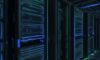 A cinematic close-up of a high-tech server room with glowing LEDs and a translucent holographic display showing scrolling code and a 3D blockchain network.