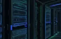 A cinematic close-up of a high-tech server room with glowing LEDs and a translucent holographic display showing scrolling code and a 3D blockchain network.