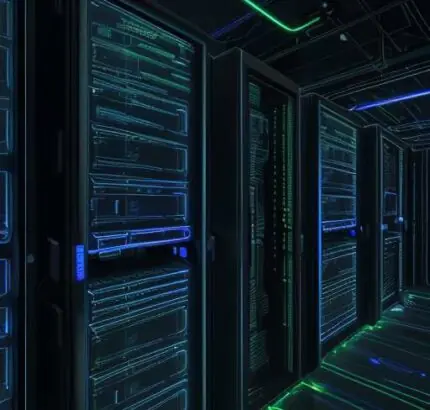 A cinematic close-up of a high-tech server room with glowing LEDs and a translucent holographic display showing scrolling code and a 3D blockchain network.