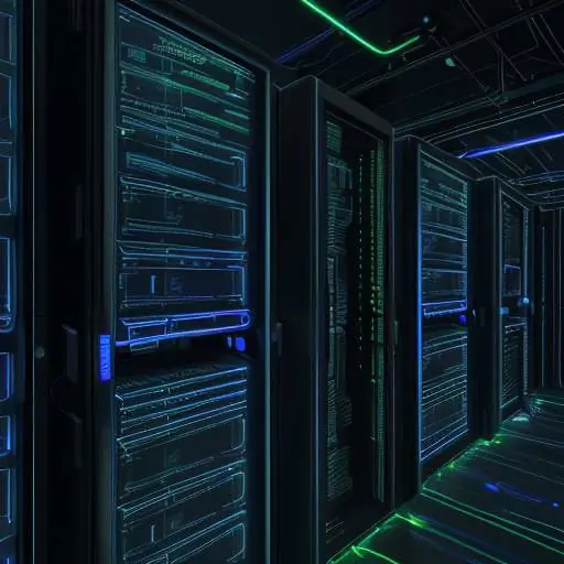 A cinematic close-up of a high-tech server room with glowing LEDs and a translucent holographic display showing scrolling code and a 3D blockchain network.