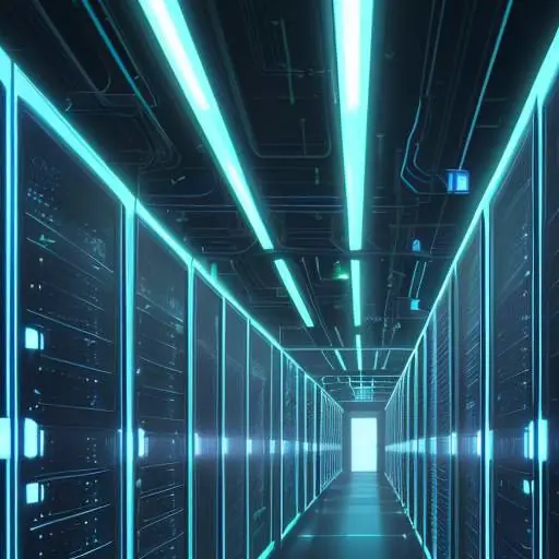 A low-angle, cinematic shot of a high-tech server room with glowing blue and green LED lights on rows of futuristic computer racks.