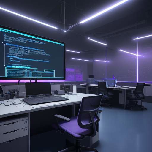 A high-tech workspace with neon lighting featuring a laptop displaying battery statistics in a terminal window.