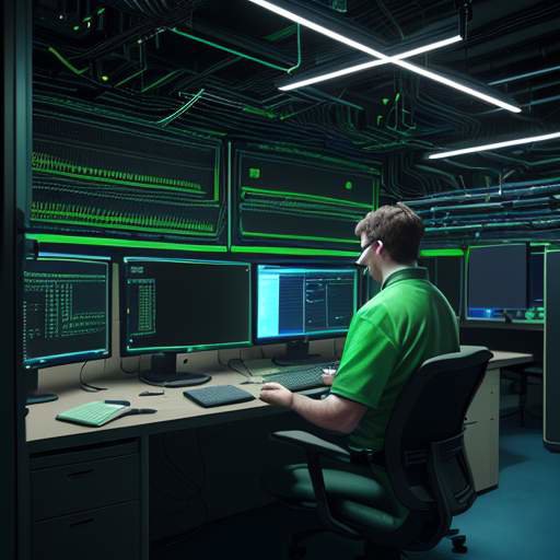 A technician working on a server rack with glowing green and blue lights in a modern, high-tech corporate IT office at night.