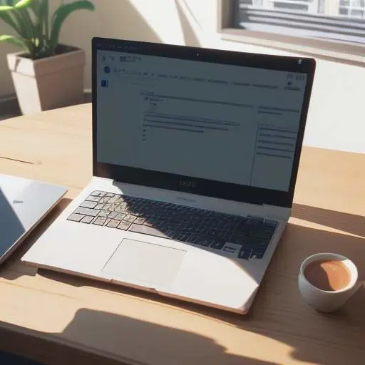 A close-up of a laptop screen displaying a network configuration menu with fields for entering IP addresses on a wooden desk.