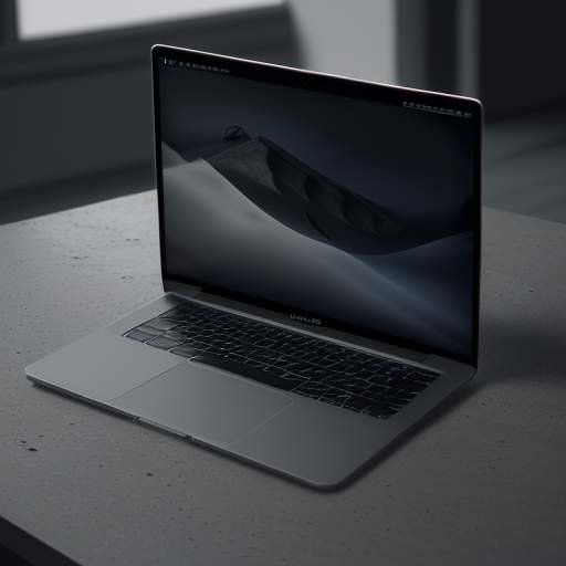 A close-up, moody shot of a MacBook Pro on a dark stone surface displaying a terminal window with the 'system_profiler' command.
