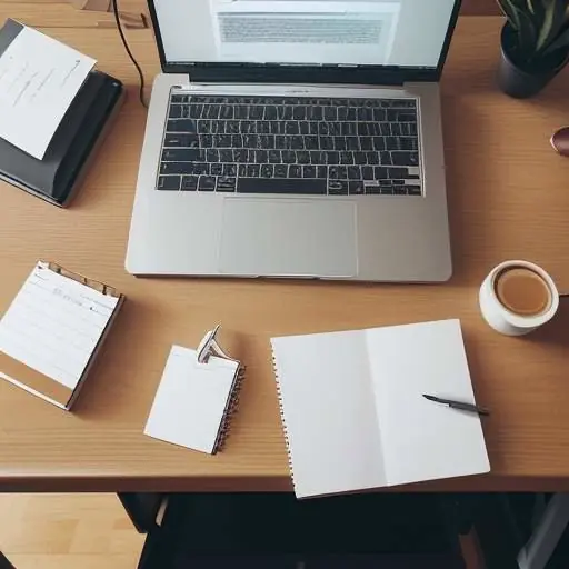 A top-down view of a minimalist wooden desk featuring a laptop, a notepad with "SSH Config" notes, and a cup of coffee in warm, natural light.