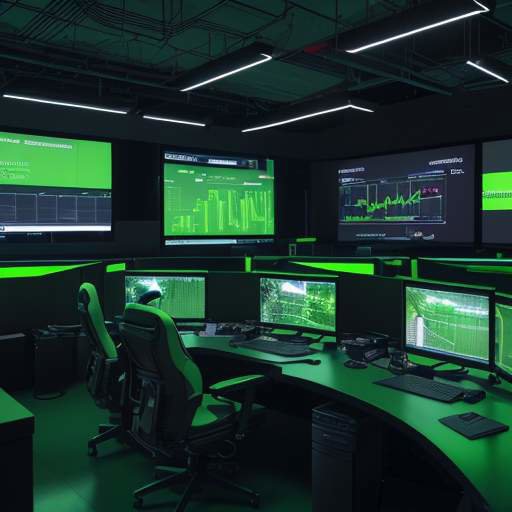 A high-tech security operations center with large screens displaying glowing green graphs and shield icons, representing a protected network and robust cybersecurity.
