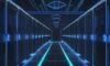 A futuristic, high-tech data center with sleek server racks and glowing blue lights featuring a holographic Istio logo in the center.