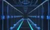 A futuristic, high-tech data center with sleek server racks and glowing blue lights featuring a holographic Istio logo in the center.