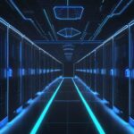 A futuristic, high-tech data center with sleek server racks and glowing blue lights featuring a holographic Istio logo in the center.