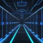 A futuristic, high-tech data center with sleek server racks and glowing blue lights featuring a holographic Istio logo in the center.