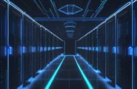 A futuristic, high-tech data center with sleek server racks and glowing blue lights featuring a holographic Istio logo in the center.