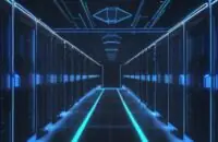A futuristic, high-tech data center with sleek server racks and glowing blue lights featuring a holographic Istio logo in the center.