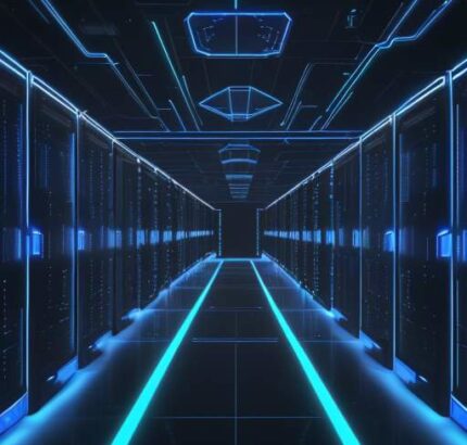 A futuristic, high-tech data center with sleek server racks and glowing blue lights featuring a holographic Istio logo in the center.