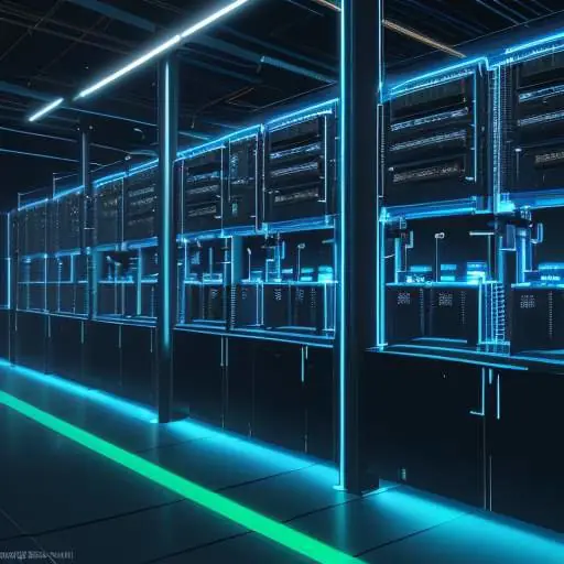 A modern data center with rows of glowing servers and a digital overlay showing a success checkmark and a secure connection icon.