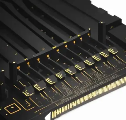A cinematic close-up of a modern DDR5 RAM stick with a matte black heat spreader and gold-plated pins, highlighting its advanced hardware design.