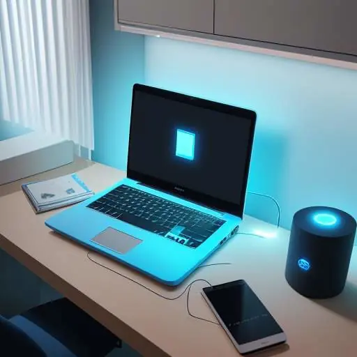 A modern high-tech router with glowing blue LED lights on a shelf in a professional home office setting.