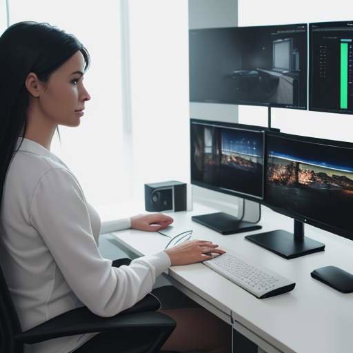 A person working in a modern home office with dual monitors showing a video call and a 3D rendering project, with a glowing router on the desk.