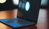 A sleek, high-tech laptop on a mahogany desk displaying a minimalist Windows 11 desktop with a glowing blue accent in a modern office.