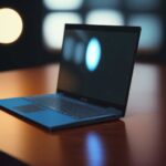 A sleek, high-tech laptop on a mahogany desk displaying a minimalist Windows 11 desktop with a glowing blue accent in a modern office.