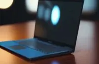A sleek, high-tech laptop on a mahogany desk displaying a minimalist Windows 11 desktop with a glowing blue accent in a modern office.