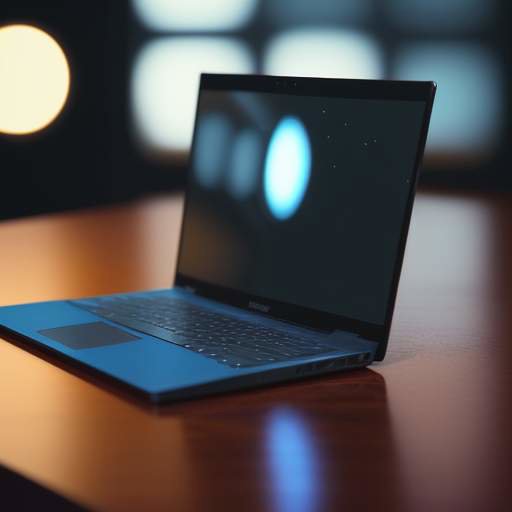 A sleek, high-tech laptop on a mahogany desk displaying a minimalist Windows 11 desktop with a glowing blue accent in a modern office.