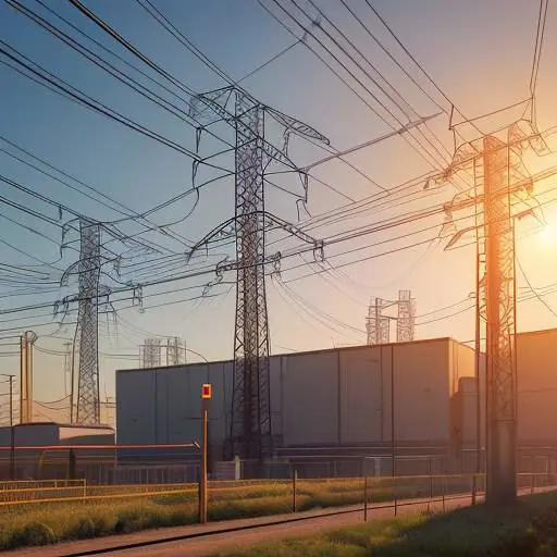 A cinematic visualization of a high-voltage power grid connecting to a glowing digital server farm during a golden hour sunset, illustrating the massive energy infrastructure required for AI.