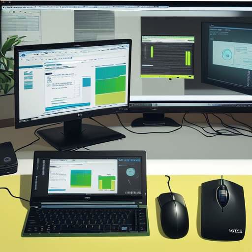 A professional workspace featuring a dual-monitor setup showing an SSD health monitoring dashboard with status bars, a mechanical keyboard, and a precision mouse.