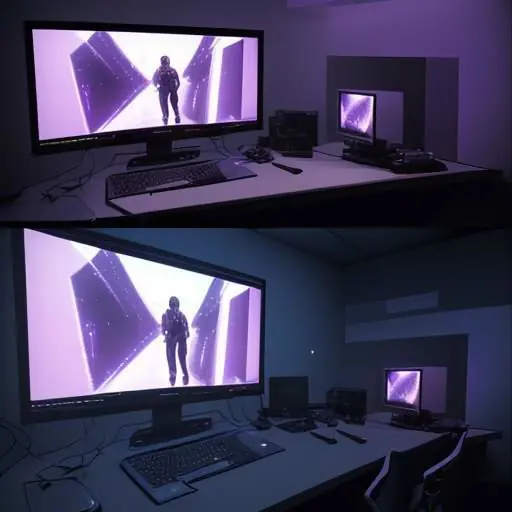 A professional workstation with three monitors displaying 3D rendering software, a video editing timeline, and a high-end game in a room with neon purple and blue lighting.