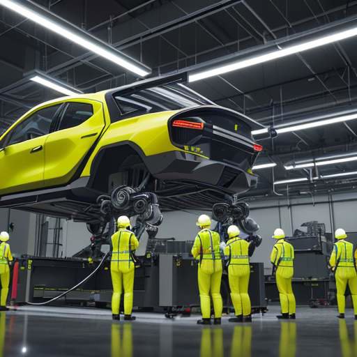 Robotic arms and workers in high-visibility uniforms assemble electric vehicle chassis on a modern, high-tech factory floor.