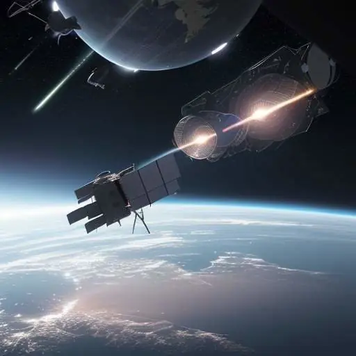 Two futuristic satellites in space connected by a glowing beam of light, illustrating a high-speed optical link between them with Earth in the background.