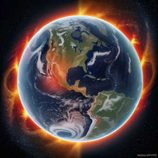 A scientific visualization of a satellite orbiting Earth, featuring heat maps and radiation waves transitioning from blue to red to illustrate thermal distribution across its body.